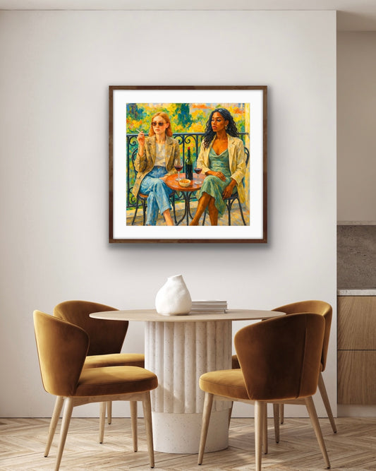 Framed figurative artwork hanging on a white wall above a small round dining table with upholstered chairs in a warm-toned interior. The artwork depicts two women seated at an outdoor balcony with glasses of red wine and a bottle between them. One woman wears sunglasses and holds a cigarette while the other looks to the side, set against a colorful garden backdrop painted with loose, expressive brushstrokes.