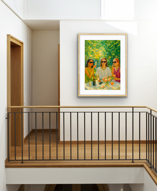 Framed figurative artwork hanging on a white wall above an indoor stair landing with wooden floors and a black metal railing. The artwork depicts three women wearing sunglasses seated together at a table outdoors, holding drinks among flowers and bottles. Painted in bright greens and warm light.