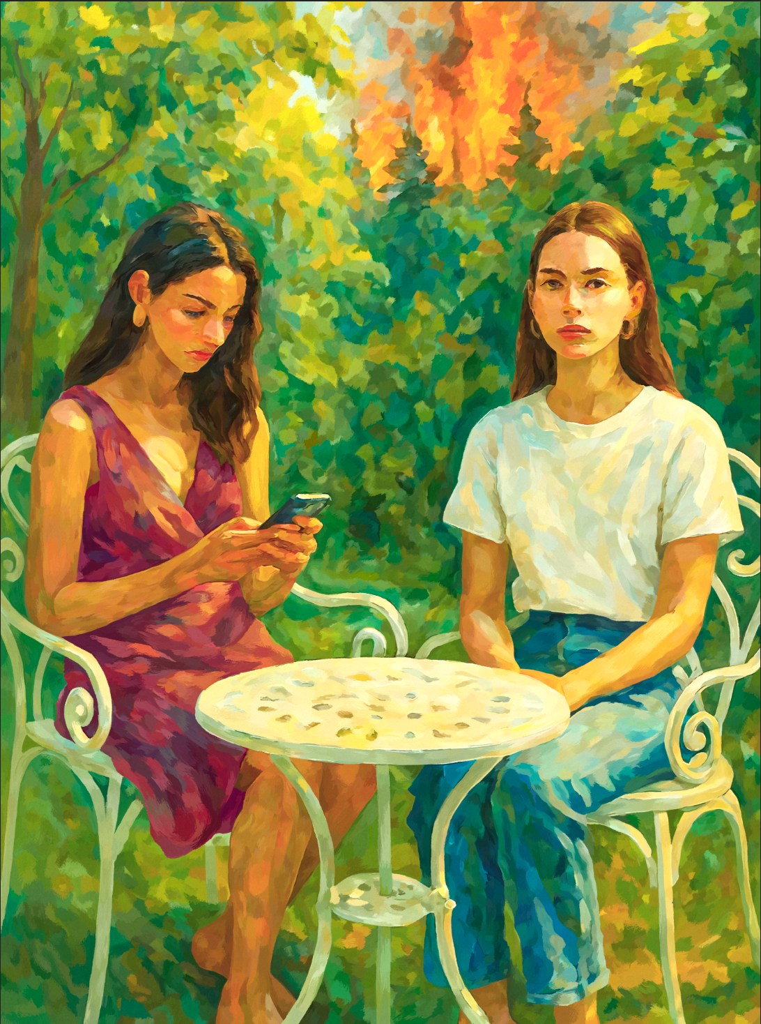 Artwork of two young women sitting at a small white garden table. One looks down at her phone while the other looks ahead with a neutral expression. Behind them, a bright green forest is on fire, with flames rising above the trees.