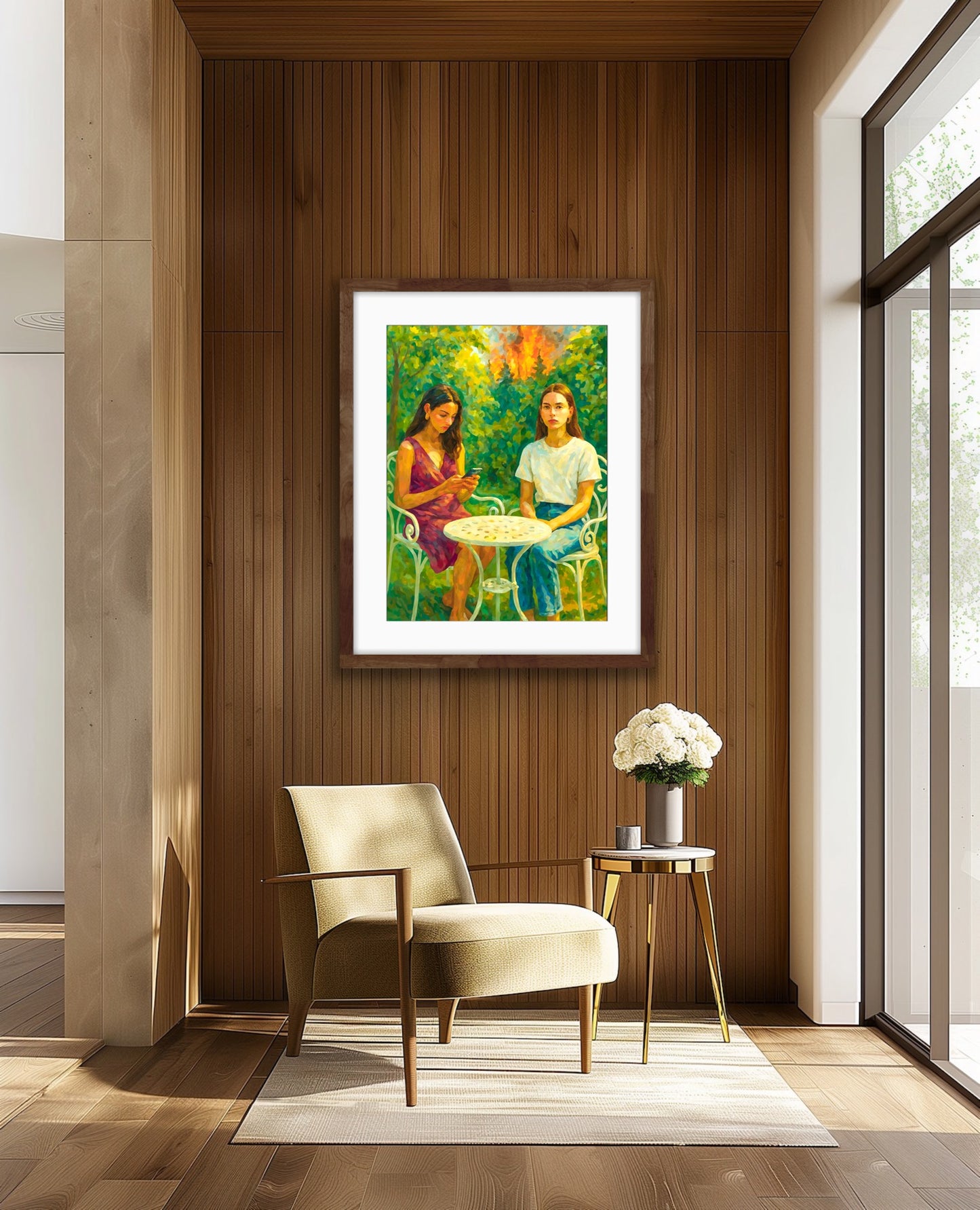 Framed figurative artwork hanging on a vertical wooden panel wall above a modern armchair and small side table with flowers. The artwork depicts two women seated at a small white outdoor table surrounded by dense green foliage, while flames rise in the forest behind them. One woman looks down at her phone and the other faces forward, creating a tense contrast between their calm poses and the dramatic fire in the background.