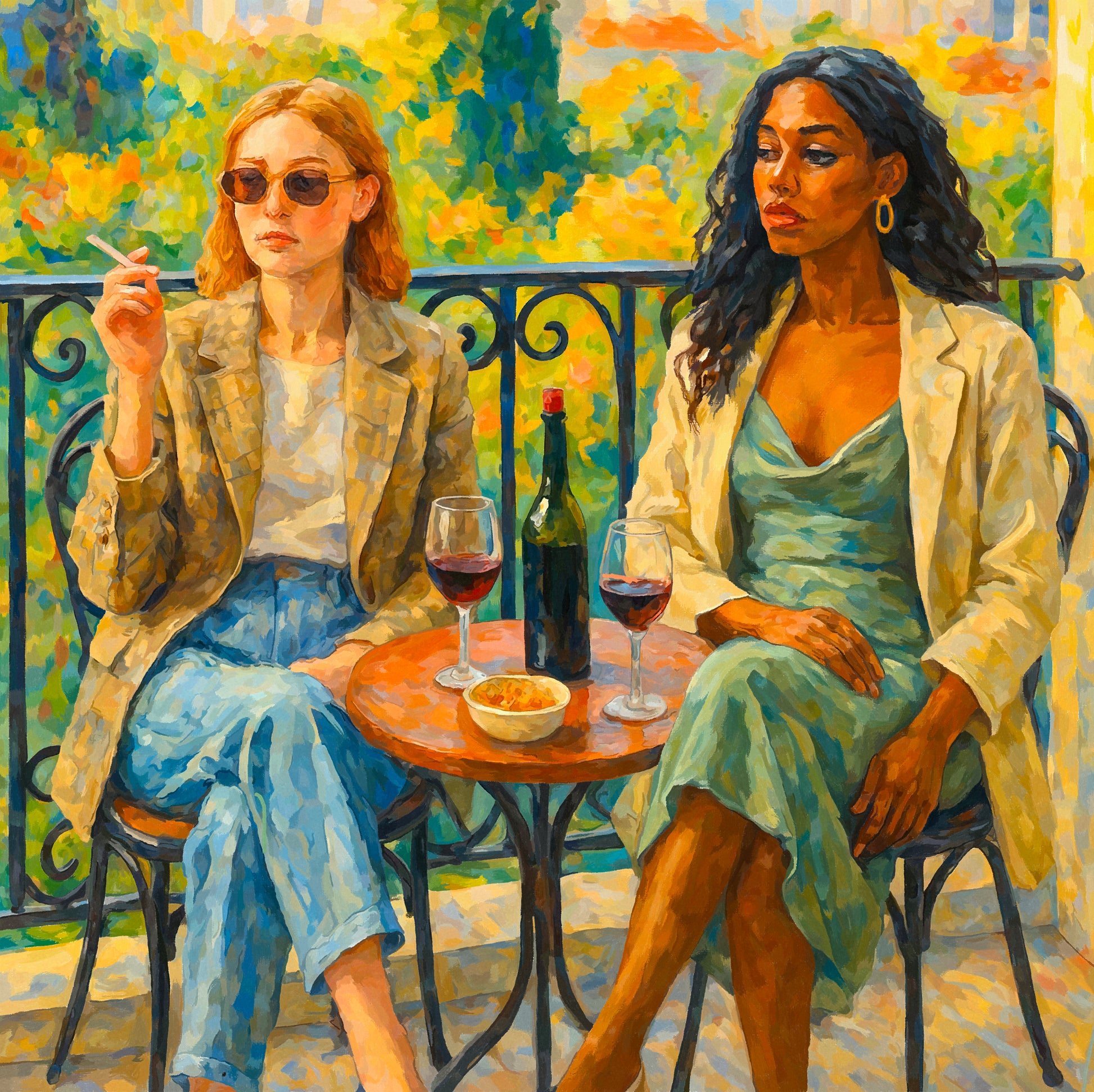 Two women sit at a small café table on a balcony with decorative railings and colorful trees in the background. One woman wears sunglasses and holds a cigarette, while the other looks to the side. On the table are two glasses of red wine, a wine bottle, and a small bowl. The scene is painted in warm yellow, green, and blue tones, creating a calm yet distant atmosphere.