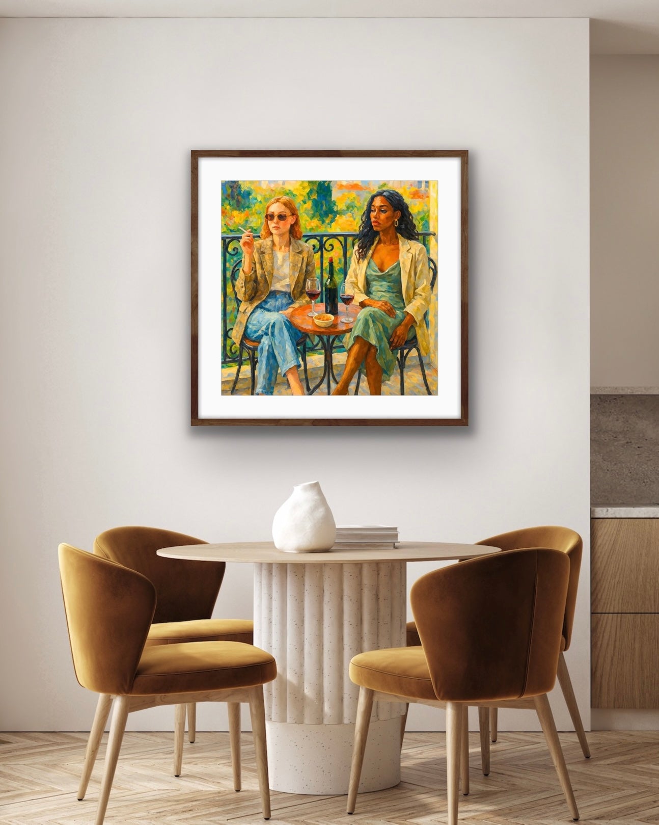 Framed figurative artwork hanging on a white wall above a small round dining table with upholstered chairs in a warm-toned interior. The artwork depicts two women seated at an outdoor balcony with glasses of red wine and a bottle between them. One woman wears sunglasses and holds a cigarette while the other looks to the side, set against a colorful garden backdrop painted with loose, expressive brushstrokes.