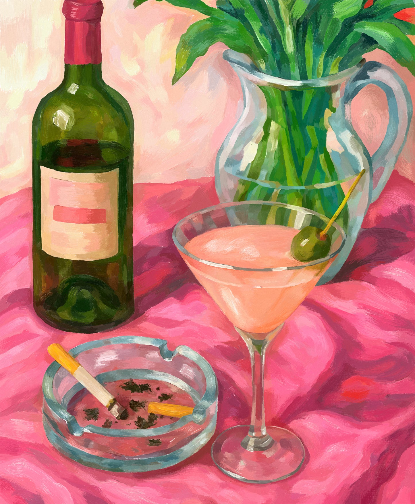 A colorful still-life painting showing a green wine bottle, a pink cocktail in a martini glass with an olive, an ashtray with cigarettes, and a glass vase with green leaves. The objects sit on a bright pink tablecloth, creating a bold, expressive atmosphere.