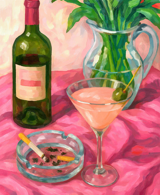 A colorful still-life painting showing a green wine bottle, a pink cocktail in a martini glass with an olive, an ashtray with cigarettes, and a glass vase with green leaves. The objects sit on a bright pink tablecloth, creating a bold, expressive atmosphere.