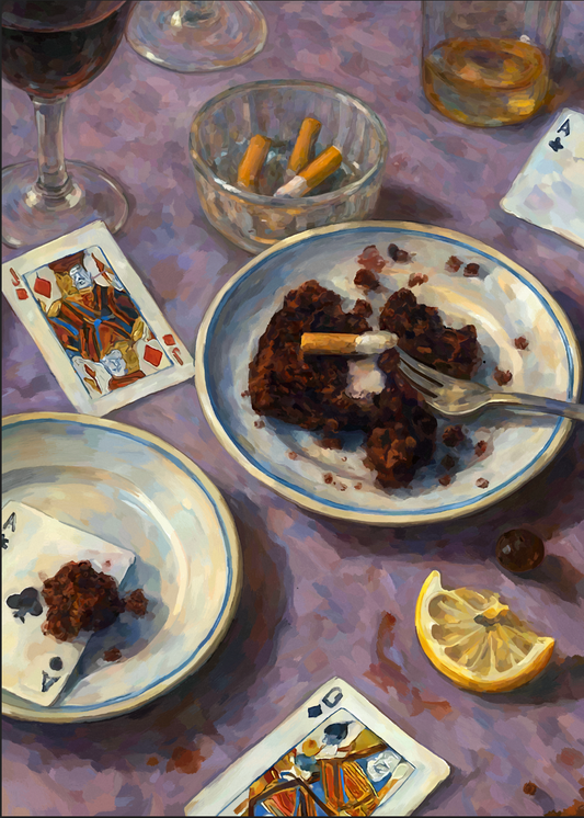 A painterly still life of a messy table with plates of chocolate cake crumbs, a cigarette stub resting on one slice, a fork, an ashtray filled with cigarette butts, a glass of red wine and a tumbler of liquor, scattered playing cards, and a lemon wedge on a purple tablecloth.