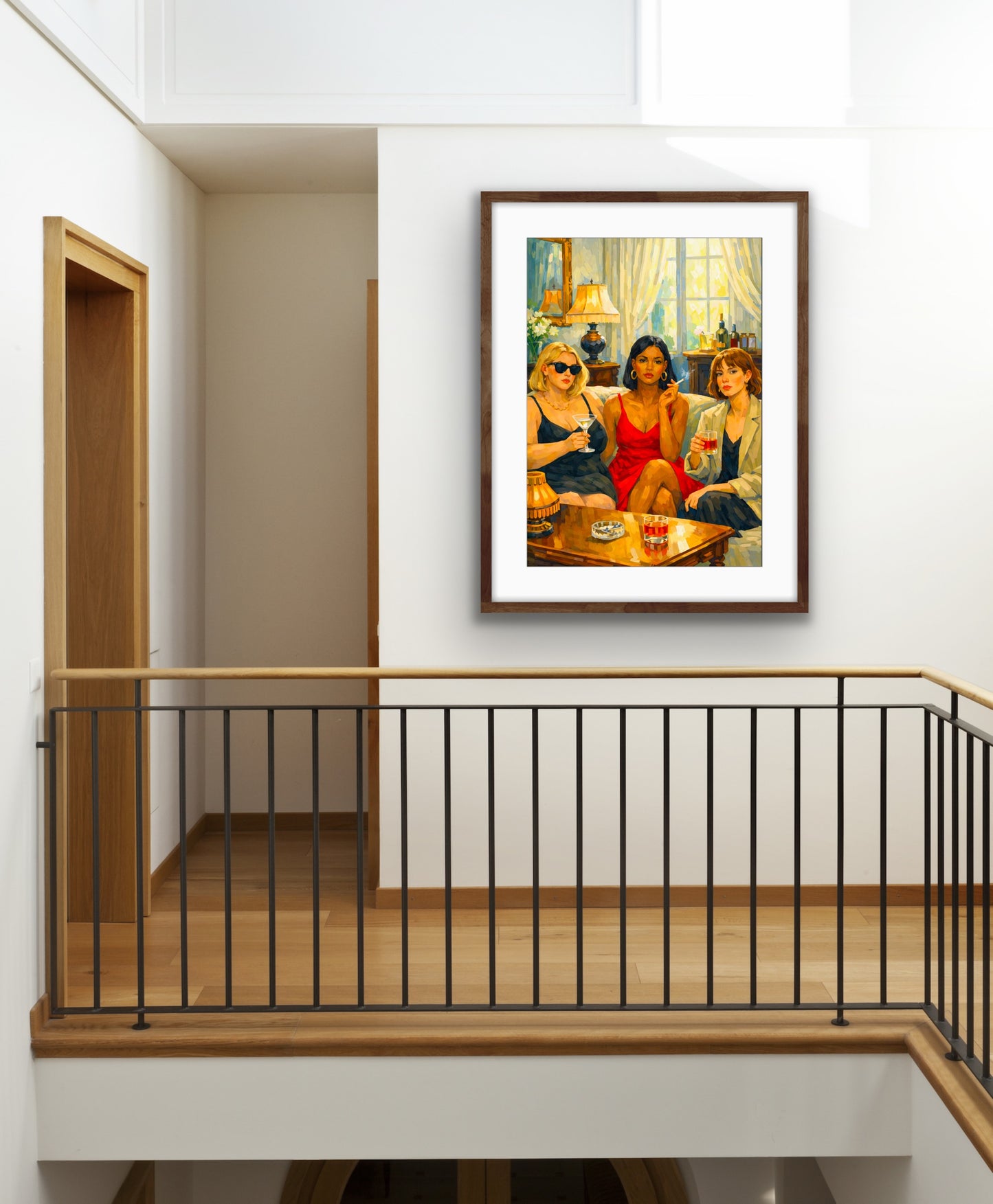 Framed figurative artwork displayed on a white wall above an indoor stair landing with wooden floors and a black metal railing. The artwork depicts three women seated together in a softly lit living room, holding drinks and cigarettes around a low table. One woman wears a red dress while the others wear darker outfits, creating a strong focal point against the warm interior setting with lamps and curtains in the background. The scene conveys a relaxed, intimate social moment with a cinematic atmosphere.