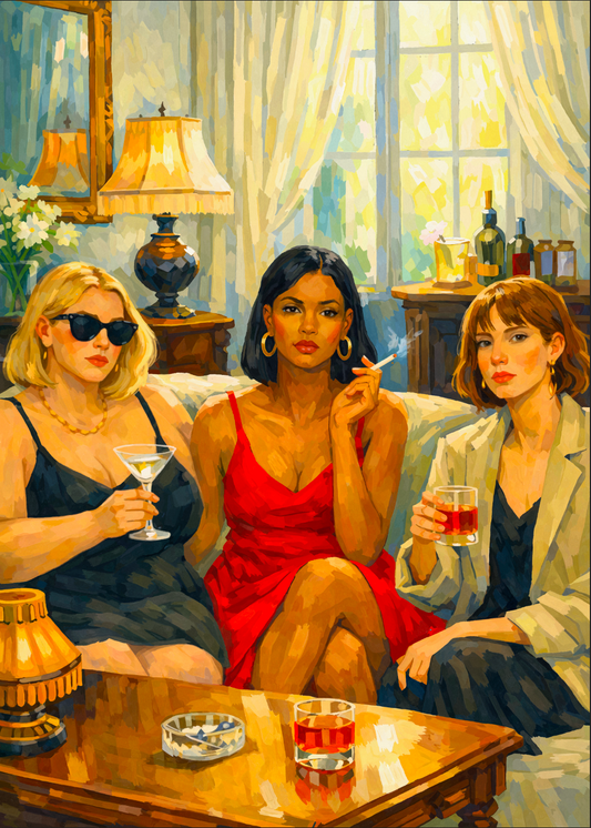 Figurative painting of three women sitting on a sofa in a warmly lit living room, holding drinks and a cigarette, with lamps, bottles, and curtains behind them.