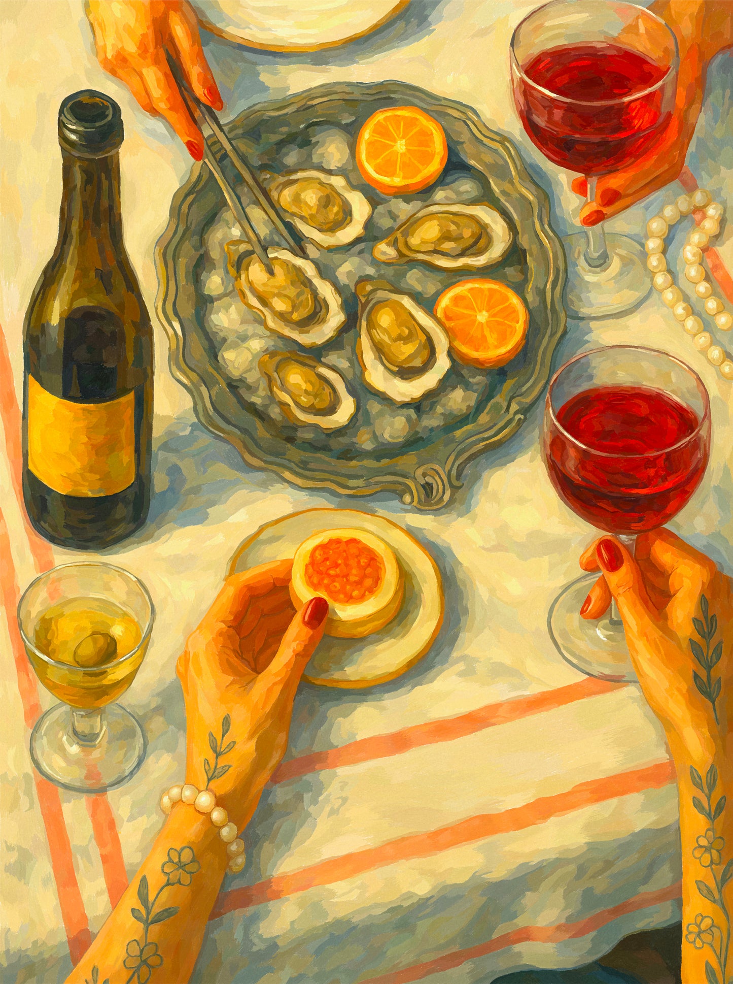 The work shows a table set with oysters on ice, lemon slices, and glasses of rosé. Several hands reach into the scene—one using tongs to pick up an oyster, another holding a glass of wine. A bottle, citrus, and small appetizer sit on a striped tablecloth, creating a warm, golden-hour atmosphere of shared indulgence.
