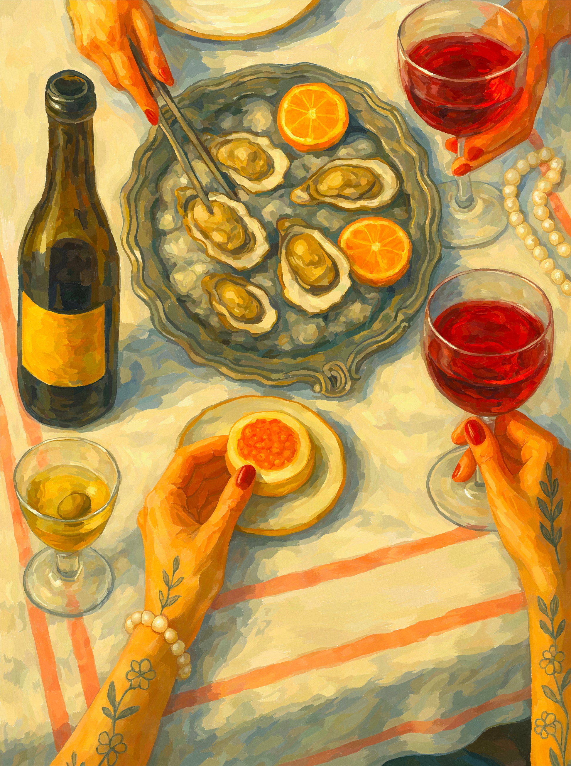 The work shows a table set with oysters on ice, lemon slices, and glasses of rosé. Several hands reach into the scene—one using tongs to pick up an oyster, another holding a glass of wine. A bottle, citrus, and small appetizer sit on a striped tablecloth, creating a warm, golden-hour atmosphere of shared indulgence.