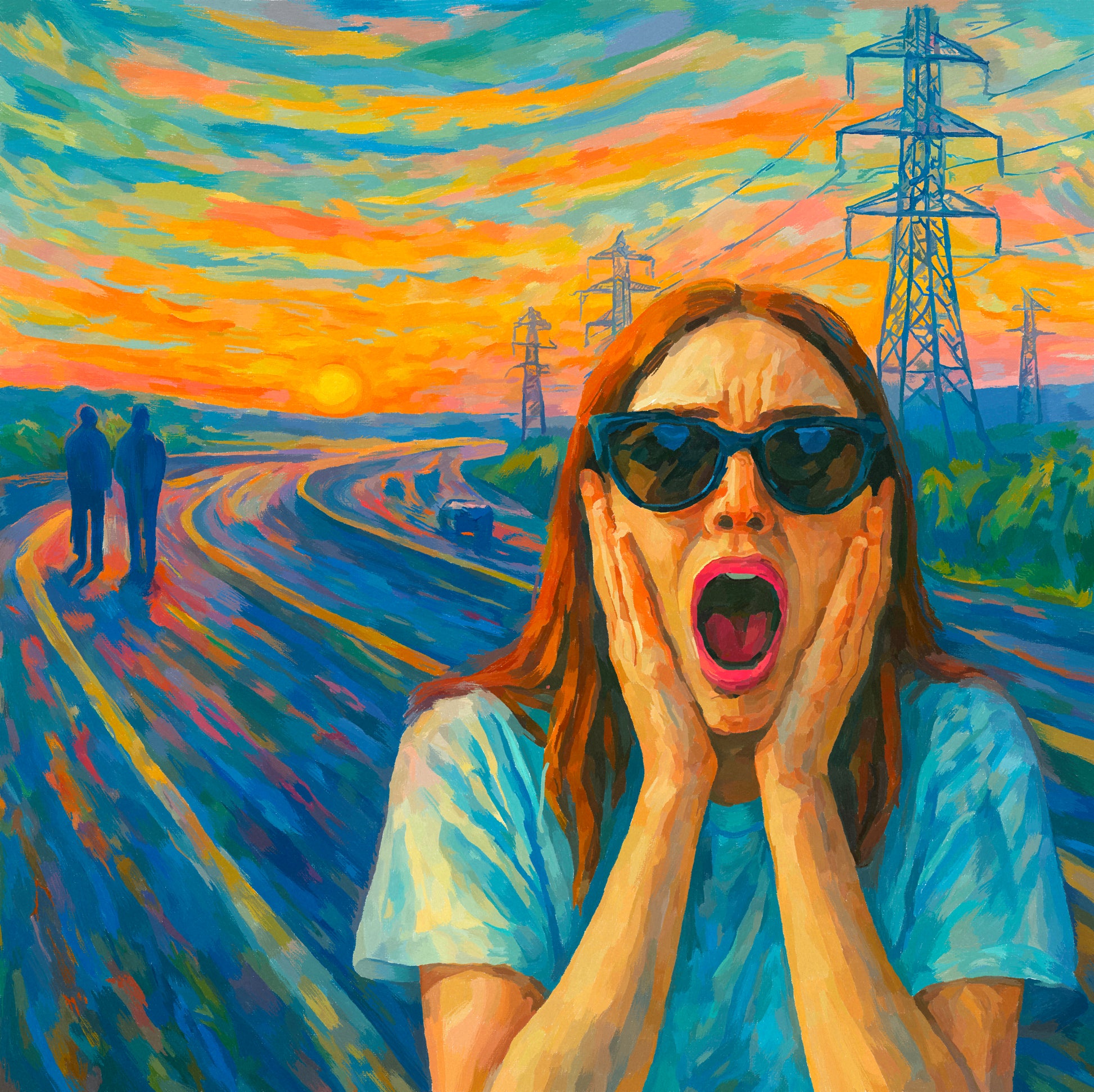 Colorful expressionist-style artwork of a woman wearing sunglasses, holding her face and screaming in the foreground. Behind her, a winding highway, power lines, and two distant figures appear under a dramatic sunset sky reminiscent of Edvard Munch’s The Scream.
