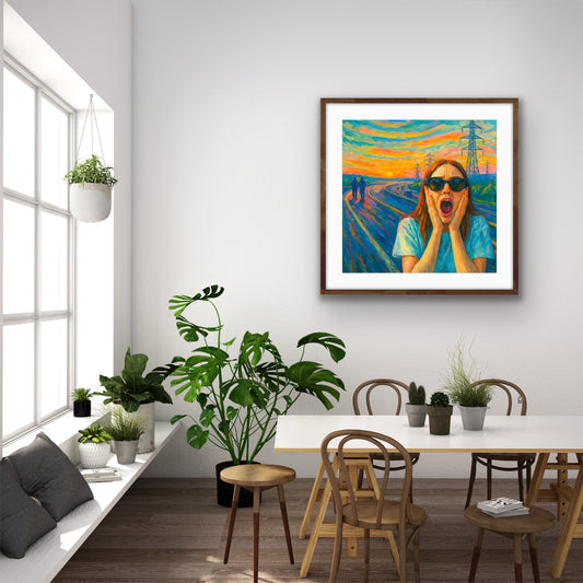 Framed figurative artwork hanging on a white wall above a dining table in a bright room with plants and large windows. The artwork shows a woman wearing sunglasses with her mouth open and hands pressed to her face, evoking a scream. Behind her stretches a colorful road at sunset with power lines and two distant figures walking, painted in bold, expressive brushstrokes and vivid colors.