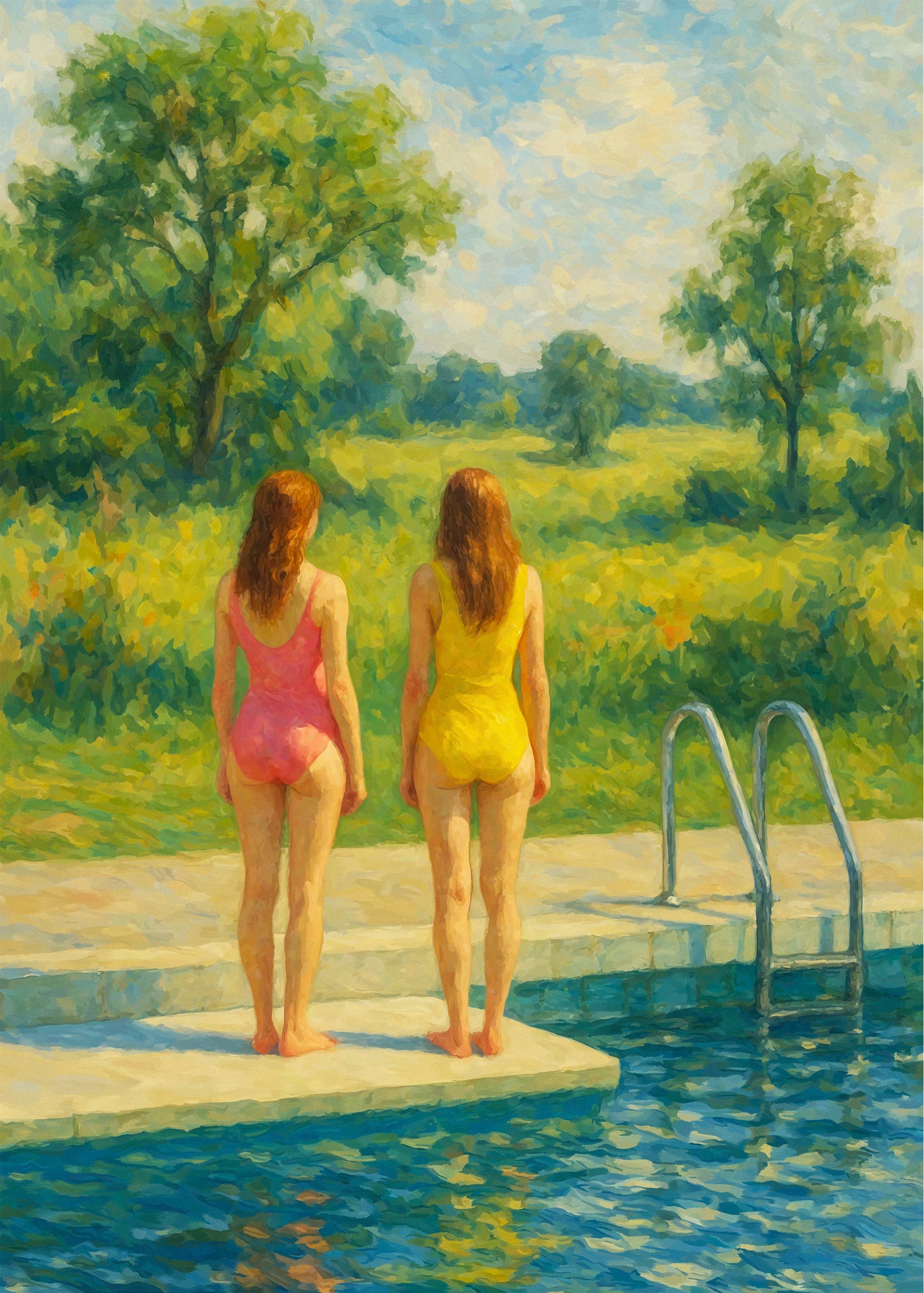 Two women seen from behind stand side by side on the edge of a swimming pool. One wears a pink swimsuit and the other yellow. In front of them stretches a bright green landscape with trees and open sky. The blue water reflects sunlight, creating a calm, summery atmosphere.