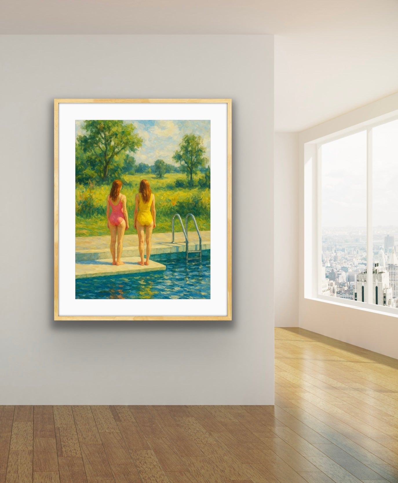 Framed figurative artwork displayed on a light wall in a bright interior with wooden floors and a large window. The artwork depicts two women standing side by side at the edge of a swimming pool, seen from behind, wearing pink and yellow swimsuits. Beyond them is a green landscape with trees and a sunlit field, painted with soft brushstrokes and vivid summer colors.