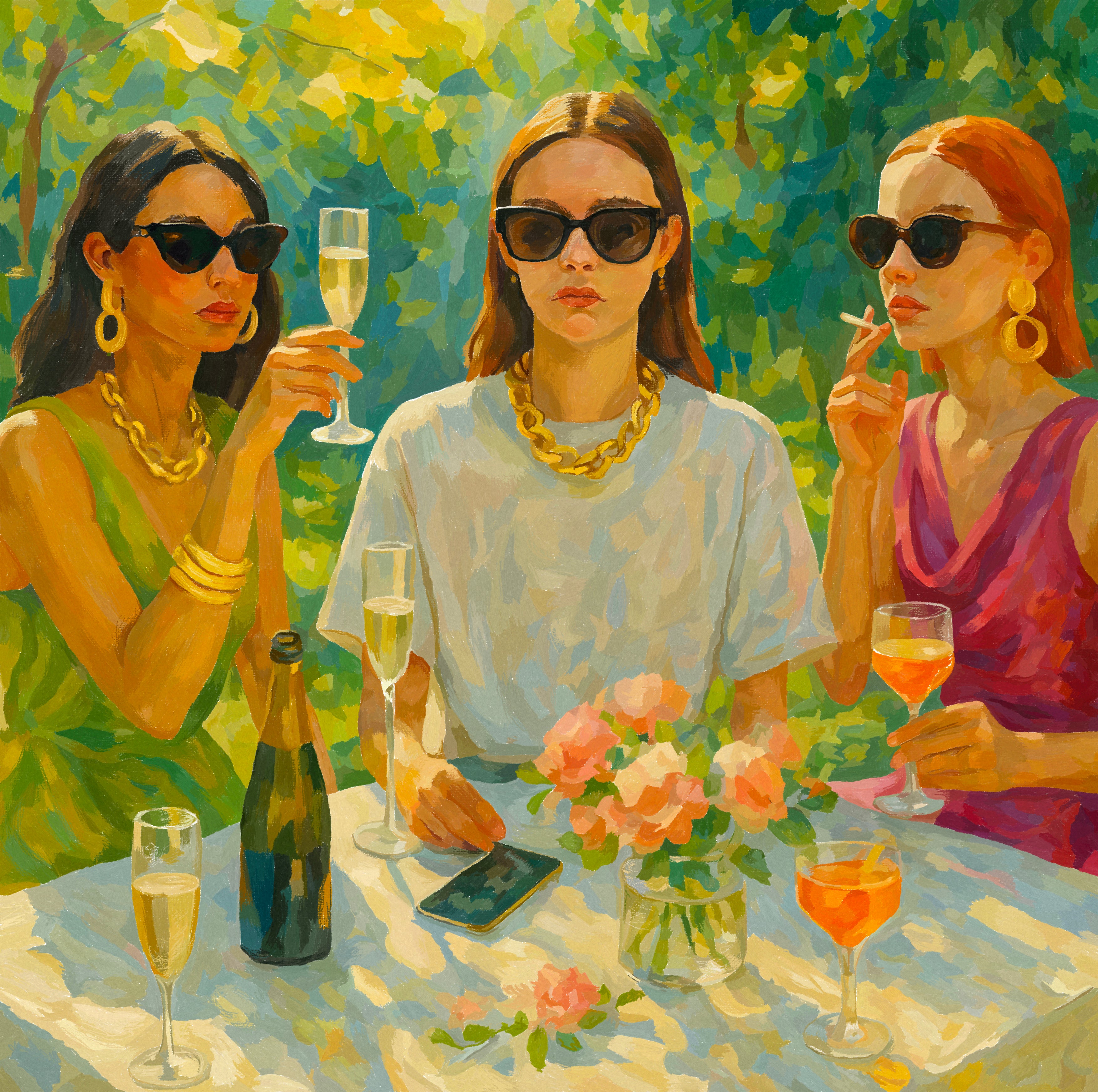 Three stylish women wearing sunglasses sit at a garden table with champagne glasses, a wine bottle, pink flowers, and a smartphone. One woman holds a cigarette. The scene is painted in warm green and golden tones, creating a sunlit yet emotionally distant atmosphere.