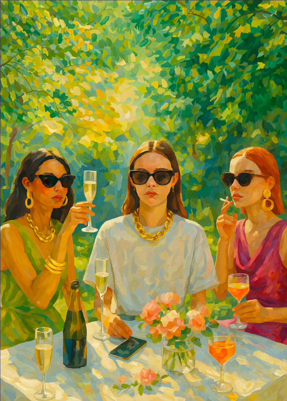 Three stylish women wearing sunglasses sit at a garden table with champagne glasses, a wine bottle, pink flowers, and a smartphone. One woman holds a cigarette. The scene is painted in warm green and golden tones, creating a sunlit yet emotionally distant atmosphere.